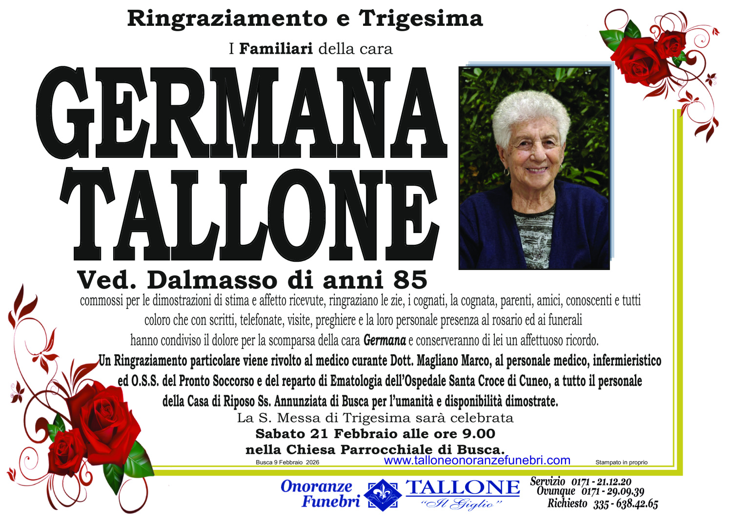 <br />
<b>Warning</b>:  Undefined variable $info in <b>/home/tallone/public_html/ringraziamenti.php</b> on line <b>68</b><br />
Germana Tallone
